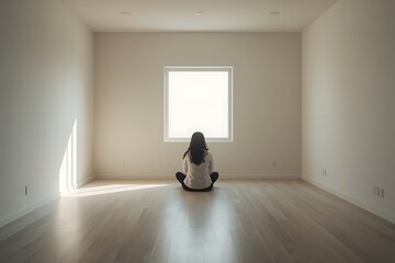 Generative AI Minimalist Scene of a Person Meditating by a Sunlit Window