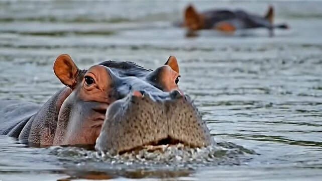 A hippopotamus (Hippopotamus amphibius) soaks in the water, close up shot of vulnerable wildlife species.