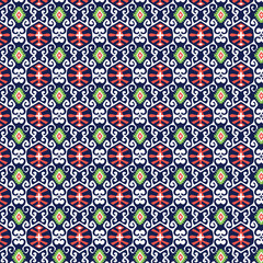 Seamless Ethnic Tribal Pattern with Geometric Ikat Motifs and Ornate Bohemian Decorative Elements for Textile Background vector Illustration