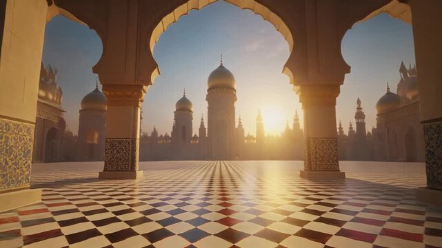 Taj Mahal view through arches at sunrise with checkered floor.