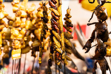 Silkworm pupae and river crabs are skewered and displayed at a roadside food stall during Magh Bihu celebrations, reflecting traditional Assamese delicacies enjoyed during the harvest festival