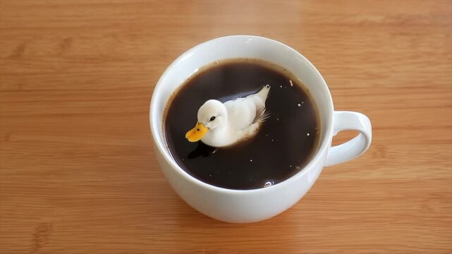 Top view of hot coffee with gentle steam and a floating white duck
