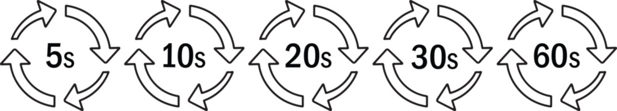 Timer Refresh Loop Icons Set Showing 5s, 10s, 20s, 30s and 60s Intervals, Circular Arrows Time Cycle Symbols Isolated on White