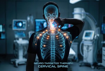 Male figure demonstrating neuro-targeted therapy for cervical spine, with a digital overlay of the skeletal structure, showcasing advanced medical technology in a clinical environment