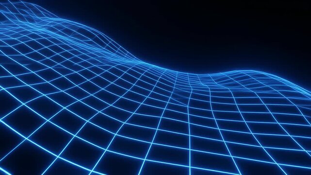Glowing blue grid pattern on dark background with wavy surface.