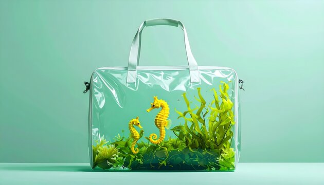 A surreal image of a transparent bag containing surreal seahorses and surreal seaweed, displayed surreal in a surreal setting.