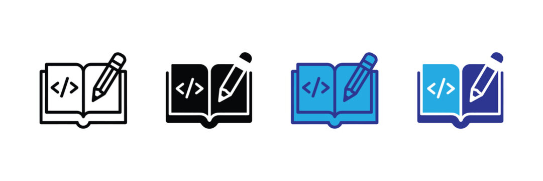 Vector illustration icon collection of four icons depicting books with coding symbols and pencils in different colors on white background