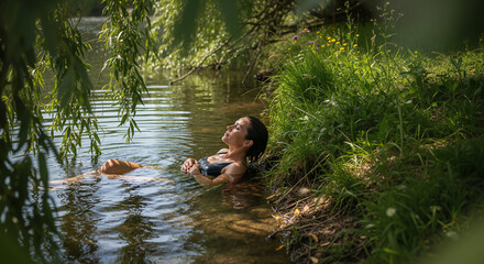 Woman practicing cold plunge therapy in a natural lake for wellness and cold exposure health benefits.