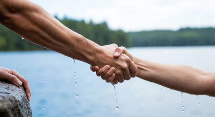 Cold exposure support with people shaking hands over a lake after an ice bath for wellness therapy.
