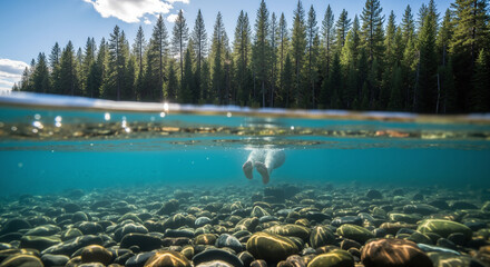 Cold plunge in a clear mountain lake, split underwater view of cold exposure therapy in nature.