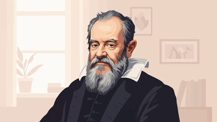 A stylized portrait of a bearded, grey-haired scholar in a simple room with a thoughtful gaze