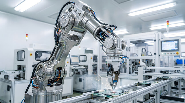 Industrial Robotic Arm Performing Precision Soldering on Electronic Circuit Board (PCB) in Automated Smart Factory Assembly Line