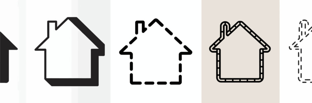 A series of black and white house with different line styles and an arrow pointing to the right