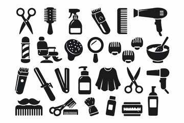 Barber and hair salon tool icons: scissors, brushes, clippers, and more