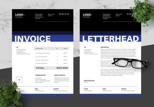 Blue And Black Invoice And Letterhead