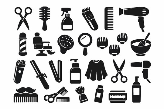 Barber and hair salon tool icons: scissors, brushes, clippers, and more
