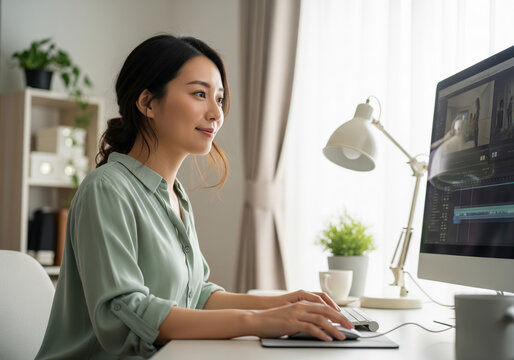 明るい自宅オフィスで、穏やかな表情を浮かべ動画編集に打ち込む女性