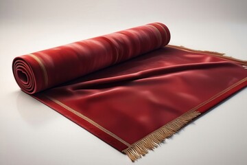 A dark red carpet is rolled up and laid against a white background.