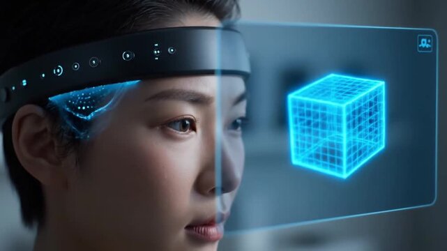 Close-up of neural interface headband reading brain activity to control 3D object on screen without touch, BCI technology