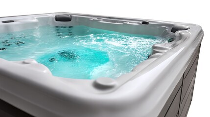 Close up view of a modern bubbling hot tub with clear turquoise water