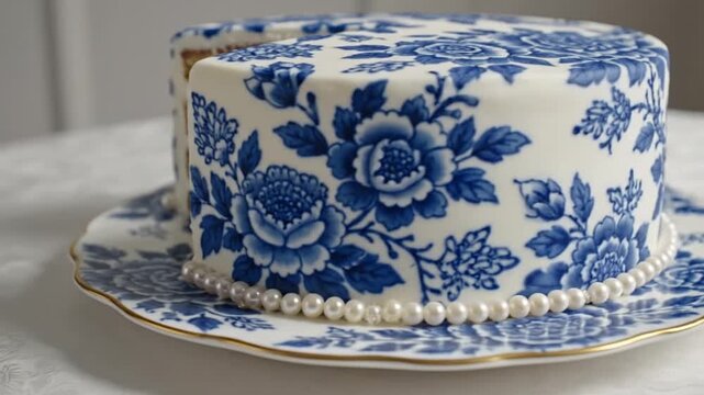 Exquisite blue and white floral patterned cake, resembling Delftware pottery, on a matching plate with a pearl border. A slice is cut, revealing delicious layers, perfect for birthdays, weddings, or..