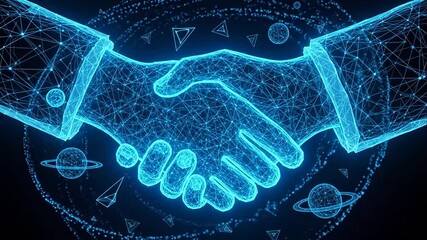 Digital handshake illustration with glowing lines symbolizing global business partnership and secure technology on a dark background - Powered by Adobe