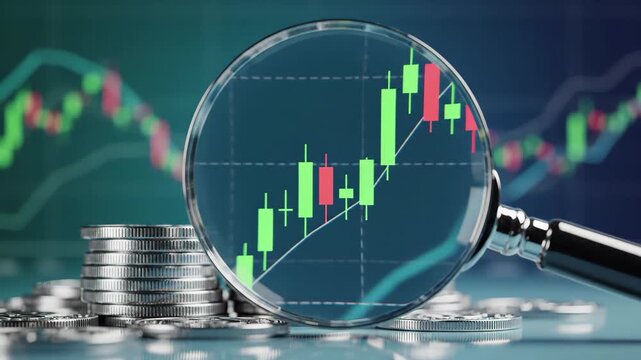 Magnifying glass over stock market candlestick chart and stack of coins for financial analysis concept