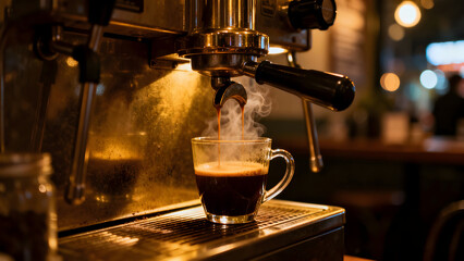 Fresh Hot Espresso Coffee Brewing from Professional Coffee Machine in Cozy Cafe