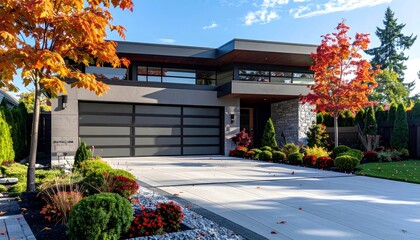 A luxury residential villa with a new brick exterior and large windows sits nestled in a lush green garden with trees and flowers under a bright blue sky