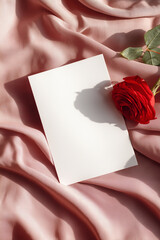 Blank white card mockup with red rose on elegant pink silk fabric