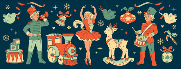 A large collection of retro Christmas elements and isolated graphic illustrations on a dark background. Features a vintage Nutcracker aesthetic with toys and figures.