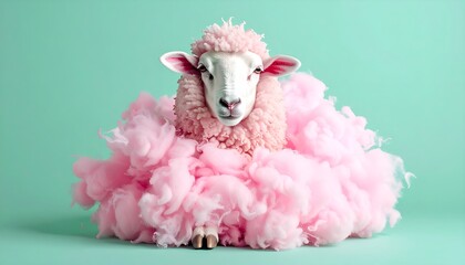 A surreal sheep surrounded by surreal fluffy pink cotton candy in a surreal scene with surreal elements and surreal atmosphere