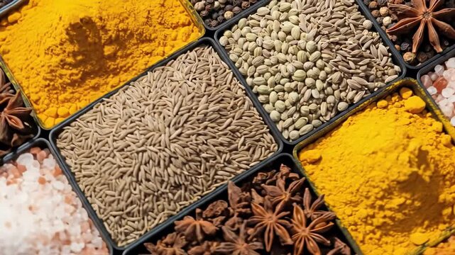 A vibrant and diverse collection of aromatic spices and herbs, showcasing a rich tapestry of colors and textures, perfect for culinary and cultural themes.