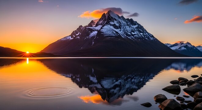 A serene mountain landscape at sunset with a calm lake reflecting the snow-capped peaks and vibrant sky - Powered by Adobe