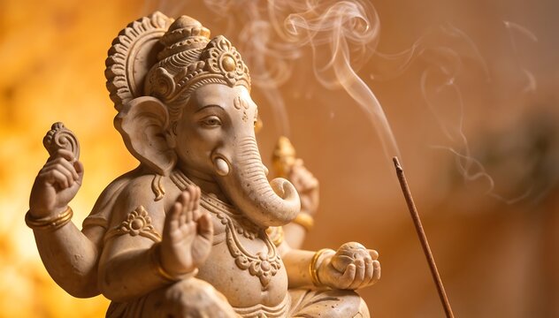 Close-up of a serene stone Ganesh statue with a smoldering incense stick and a gentle smile, against a warm, golden background with soft focus.