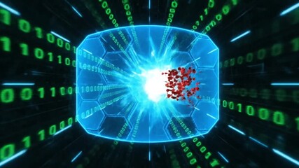 Abstract animation of green binary code streams and firewall defending against cyber attack, digital security concept - Powered by Adobe