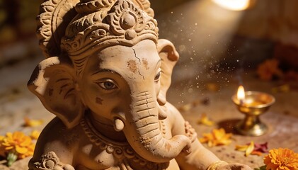 Fototapeta premium A close-up shot of a Ganesh statue with a lit diya and marigold flowers, conveying a serene and spiritual mood with warm tones.