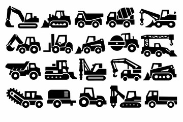 Icon set of construction vehicles: excavator, bulldozer, dump truck, crane, cement mixer