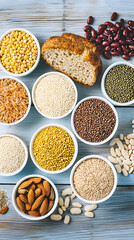Assorted Healthy Grains and Seeds in Ceramic Bowls Top View