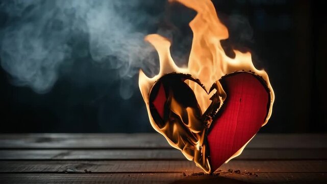 A burning red heart made of wood on a wooden table with smoke