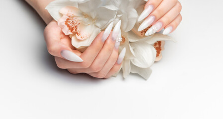 Woman's hands displaying elegant stiletto nails with orchids