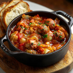 Delicious Meatballs in Tomato Sauce with Fresh Bread Slices