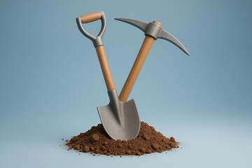 A shovel and a hoe are placed on the ground. (Realistic illustration.)