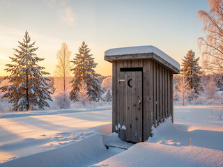 Village outhouse in snowy landscape during winter sunrise  