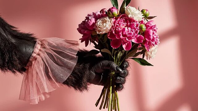 Whimsical gorilla arm holding a beautiful pink peony bouquet against a soft background, perfect for unique digital marketing, social media posts, and creative branding with humor and surprise.