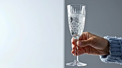 Elegant hand holding crystal champagne flute with clear liquid, perfect for sophisticated celebrations, festive toasts, special occasions, and luxury lifestyle marketing content.