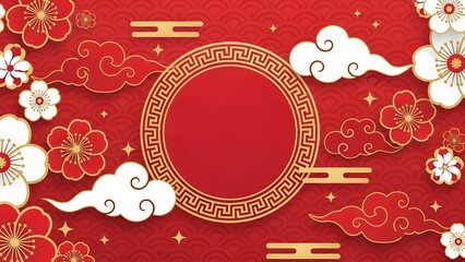 Horizontal layout featuring a central golden circular frame surrounded by white clouds and red plum blossoms.