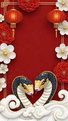 Vertical design for the Year of the Snake featuring two white snakes/cobras among red flowers and traditional ornaments.