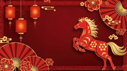 Red background featuring a golden galloping horse, paper fans, and floral patterns for the Year of the Horse celebration.