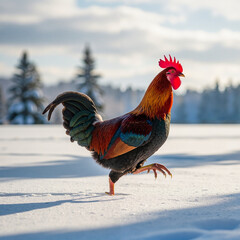 Colorful rooster walking in snowy field under cloudy sky  